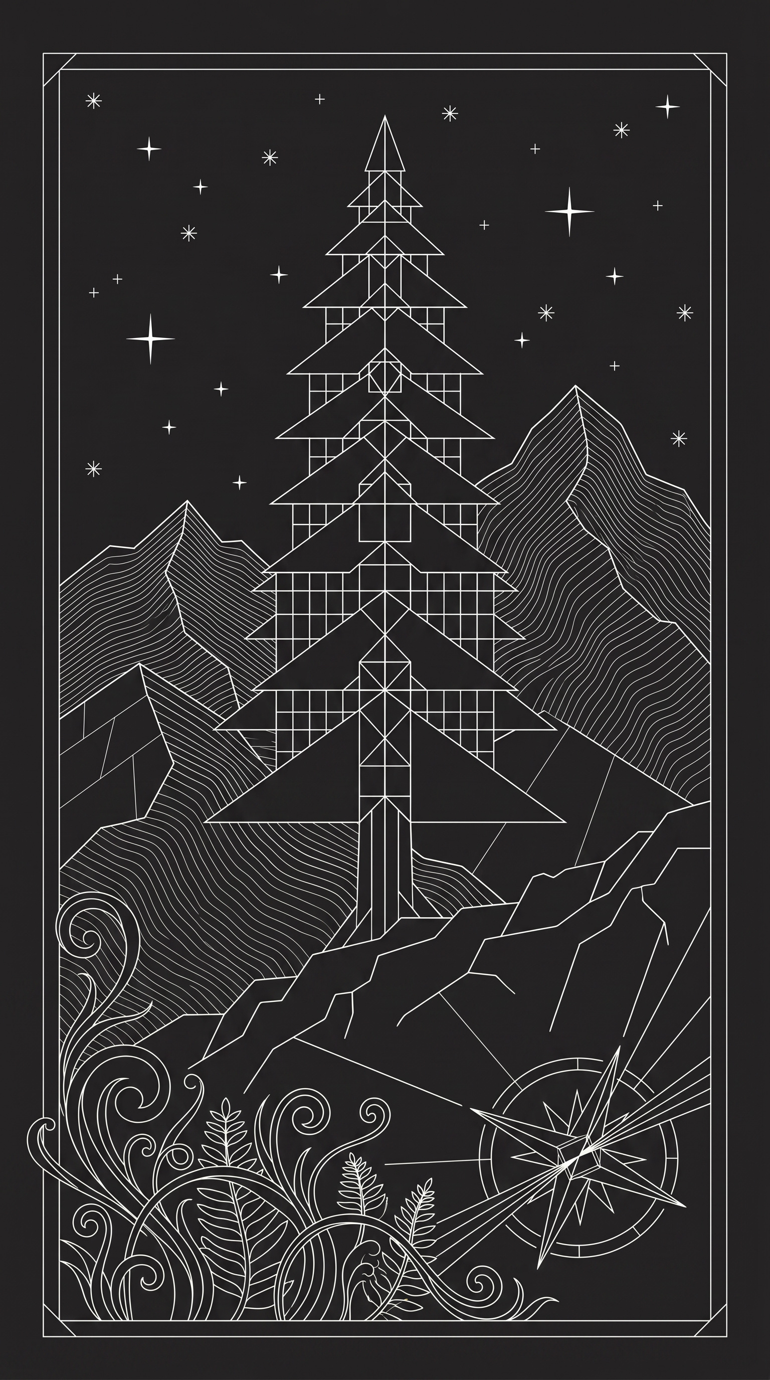 PNW fir tree and mountains illustration